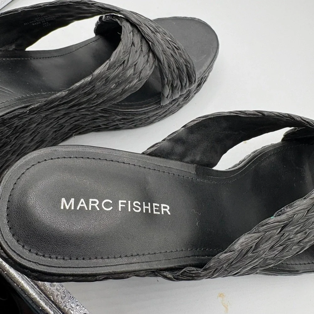 Marc Fisher Flynn Black Woven‎ Raffia Platform Wedge Sandals Womens Size 11M